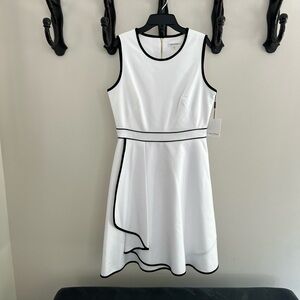 Calvin Klein White Dress with Black Trim Fit N Flare Sleeveless 8 NWT